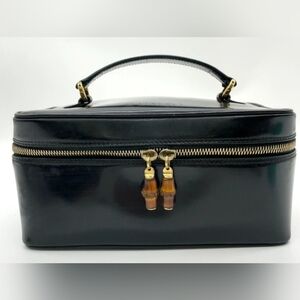 Auth Gucci Bamboo Black Leather Cosmetic Case